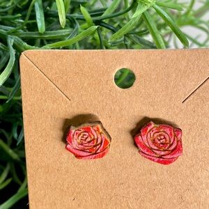 Hand Painted Red Rose Wood Stud Earrings